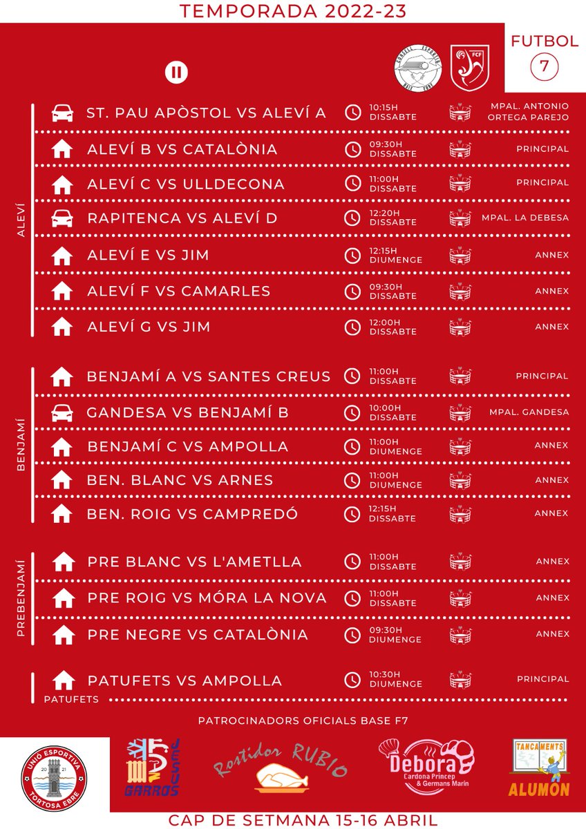 ⚽️ 📆 Després de ľaturada de les lligues per les vacances de Setmana Santa, emprenem la recta final.
Calendari de partits per al cap de setmana.
MOLTA SORT A TOTS! 🔴⚪⚫
#ueteamateur #3cat1 #uetebase #Formacio #FCF #ConsellEsportiuBaixEbre #Tortosa #TerresdelEbre