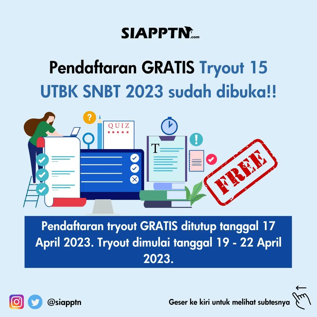siapptn's tweet photo. 📝 Pendaftaran GRATIS Tryout 15 UTBK SNBT 2023 telah dibuka 📝

Apa aja sih keuntungan tryout di siapptn?

✅ Tryout sudah mengikuti sistem cbt;
✅ Soal tryout menggunakan sistem penilaian IRT (butir soal); https://t.co/VTfxkMI3fc