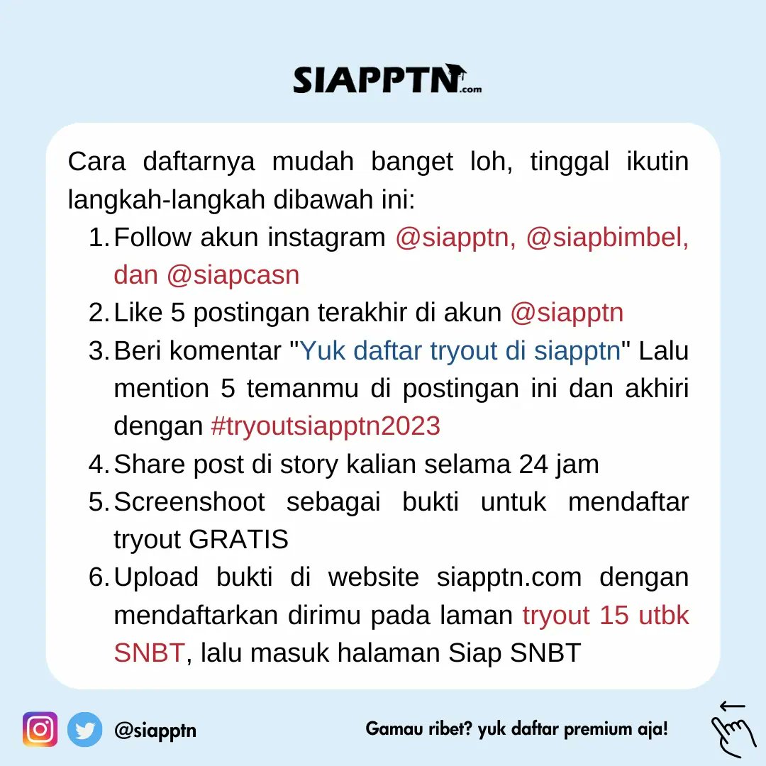 siapptn's tweet photo. 📝 Pendaftaran GRATIS Tryout 15 UTBK SNBT 2023 telah dibuka 📝

Apa aja sih keuntungan tryout di siapptn?

✅ Tryout sudah mengikuti sistem cbt;
✅ Soal tryout menggunakan sistem penilaian IRT (butir soal); https://t.co/VTfxkMI3fc