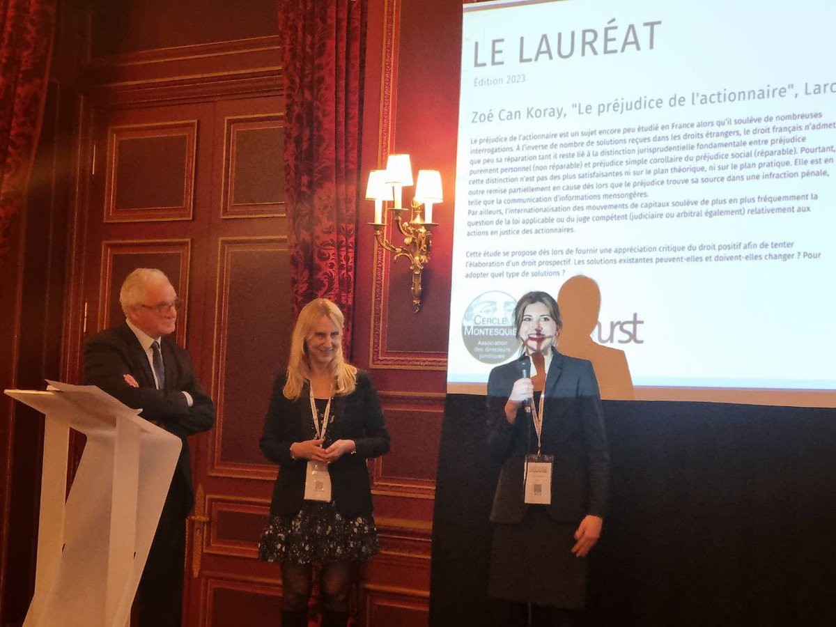🏆 Heureux d'avoir remis à Zoé Can Koray, aux côtés de Benedicte Wautelet, le prix du <a href="/CercMontesquieu/">Cercle Montesquieu</a> pour son livre "Le préjudice de l'actionnaire".
Un ouvrage instructif qui dresse un panorama transversal du droit positif tout en ouvrant un champ prospectif et des évolutions.