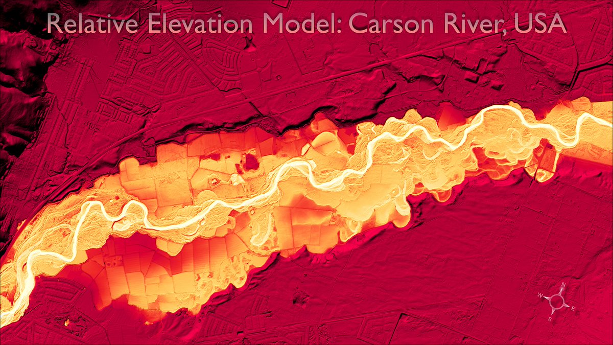 Week 15 theme: Topography 
Relative Elevation Model of Carson River, USA
Made a year ago with help of Daniel Coe's tutorial. 
#MapPromptMonday
#lidar #arcpro