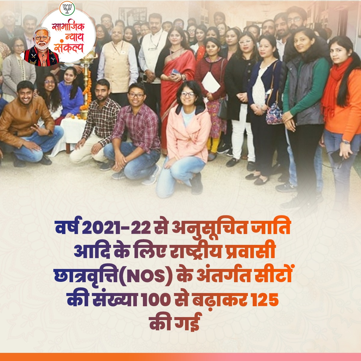 BJPMM4UP's tweet photo. अनुसूचित जाति का उत्थान मोदी सरकार की प्राथमिकता!

वर्ष 2021-22 से अनुसूचित जाति आदि के लिए राष्ट्रीय प्रवासी छात्रवृत्ति (NOS) के अंतर्गत सीटों की संख्या 125 की गई।

#सामाजिक_समरसता https://t.co/X98qF3GNA2