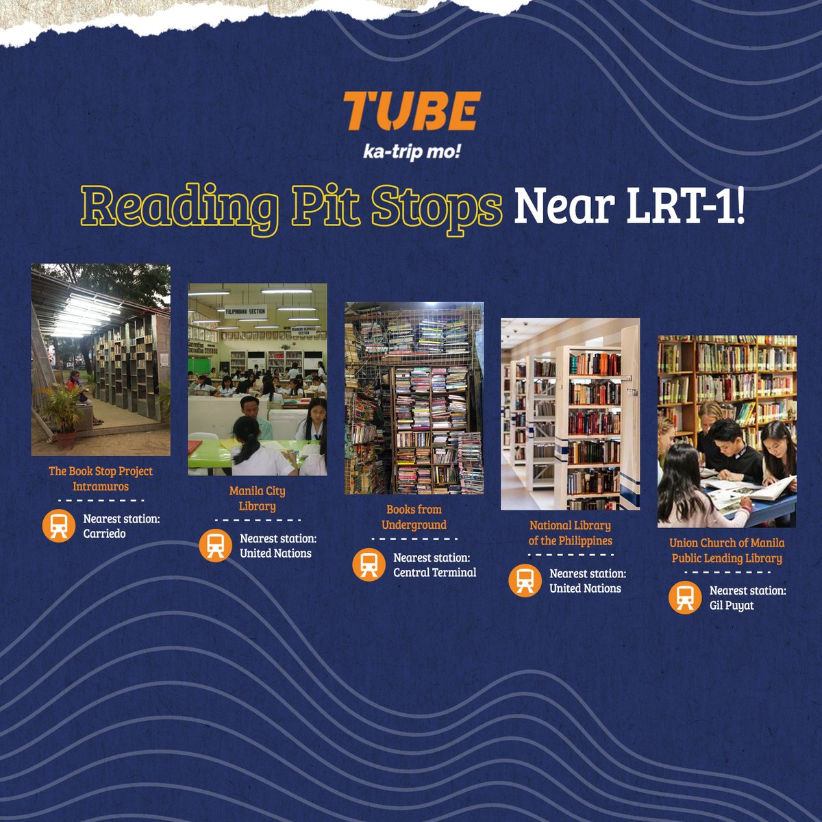 Kung trip niyo ang magbasa, bisitahin ang mga bookstores at libraries na malapit lang sa LRT-1! 

1. The Book Stop Project Intramuros 
2. Manila City Library 
3. Books from Underground 
4. National Library of the Philippines 
5. Union Church of Manila Public Lending Library