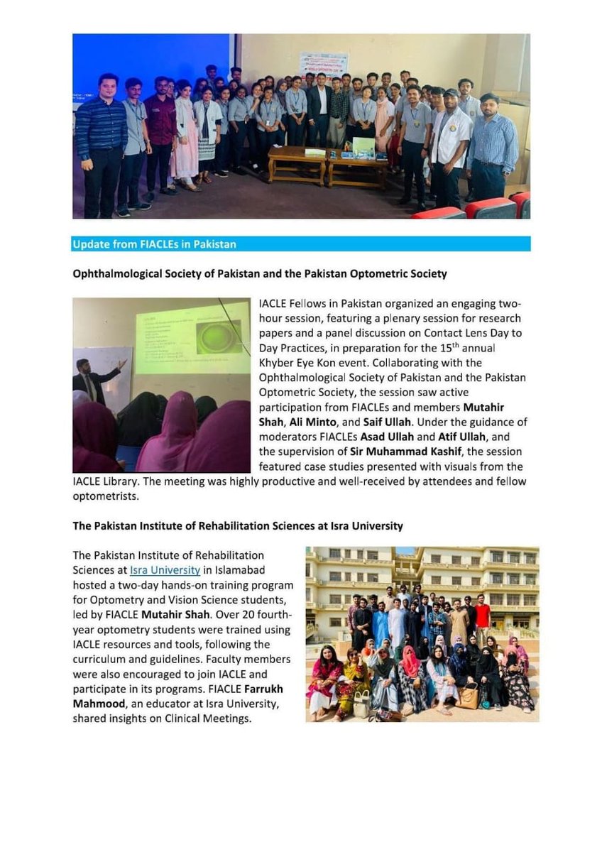 OptometristsPK's tweet photo. The International Association of Contact Lens Educators (IACLE) has featured activities from FIACLEs in Pakistan in collaboration with Pakistan Optometric Society. We are thankful to all the FIACLEs for conducting workshops. POS has already initiated career - 1 https://t.co/IHflXdZPLr