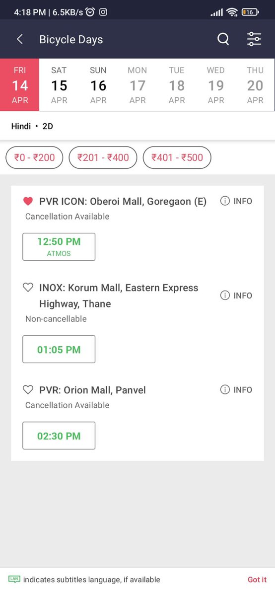 devyani_anant's tweet image. GOREGAON : PVR ICON OBEROI MALL- 12:50PM
THANE :  INOX, Korum Mall - 1:05PM
PANVEL : PVR ORION MALL - 2:30PM
BALAGHAT: Mayur talkies - 12:00PM
Mandela : Kingfisher Multiplex 12:30PM, 3:30PM
PARASIA : ASCON Multiplex - 12:15PM , 3:15PM
ALKA Multiplex : Chhindwara -12:30PM 6:30PM