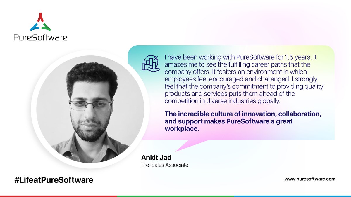 PureSoftware's tweet photo. Life at PureSoftware is rewarding, says Ankit Jad, one of the Pre-Sales Associates at the company. Read what he shared about his working experience with the organization.
If you want to learn more about #LifeatPureSoftware, visit: https://t.co/HhvnnMQG3D
#EmployeeExperience https://t.co/3Gm3KadyIz
