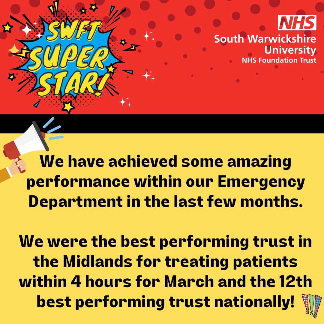 This week we are celebrating our whole Trust being SWFT Superstars for amazing performance in our Emergency Department.

It really is thanks to all teams in and out of hospital that have enabled us to achieve this!