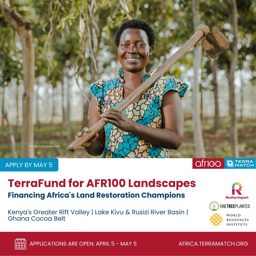 🍃Calling restoration champions in the Lake Kivu & Rusizi River Basin, Kenya’s Greater Rift Valley and Ghana’s Cocoa Belt!
Submit your expression of interest for $ 50,000 to $ 500,000 in funding through TerraFund for #AFR100 

Apply here: africa.terramatch.org/?utm_medium=so…