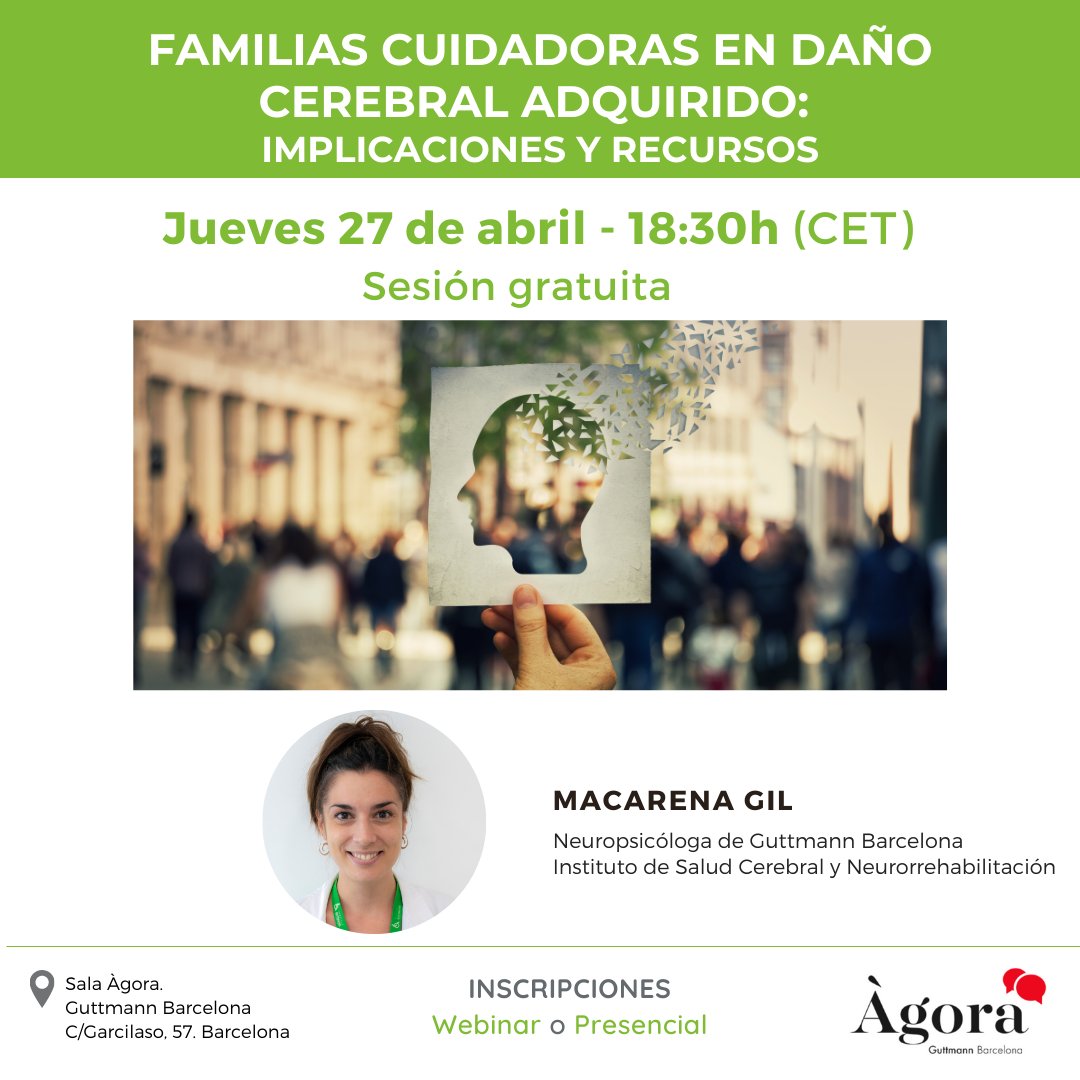 IGuttmann's tweet photo. ❗️Nueva Ágora Guttmann Barcelona!

🧠🫂 @MacarenaGil_NPS hablará cuidador informal en DCA y aportará estrategias y recursos dirigidos al cuidado de la salud y del bienestar emocional.

Más info 👇
https://t.co/MrdT390Jjk https://t.co/lwN3lJUUSj