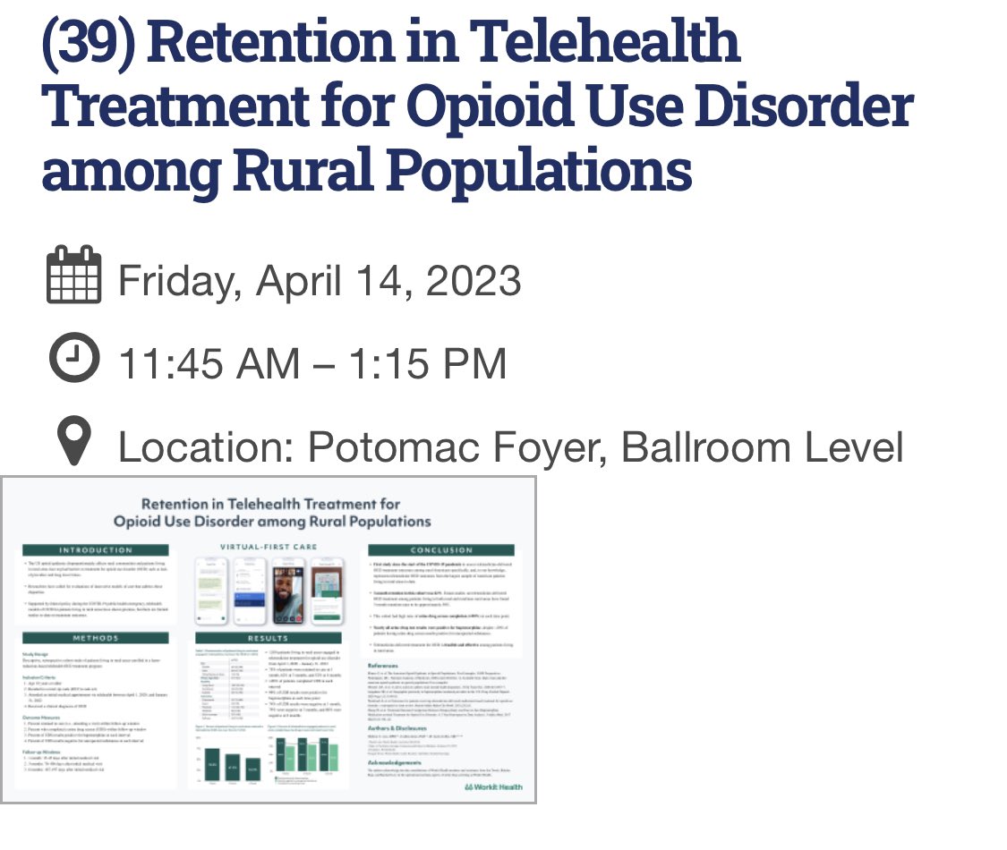 Interested in learning about our telemedicine experience treating over 1,800 patients with OUD in rural areas? Come check out our poster today at #ASAM23! #ASAM #treataddictionsavelives