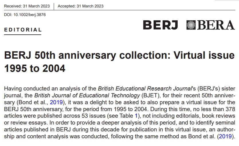 Very happy to see my editorial for the virtual #specialissue of the 1995-2004 decade of the British Educational #Research Journal (BERJ) has been published! 🥳

Free to read > doi.org/10.1002/berj.3…

@BERANews #Assessment #Education #Gender #InitialTeacherEducation