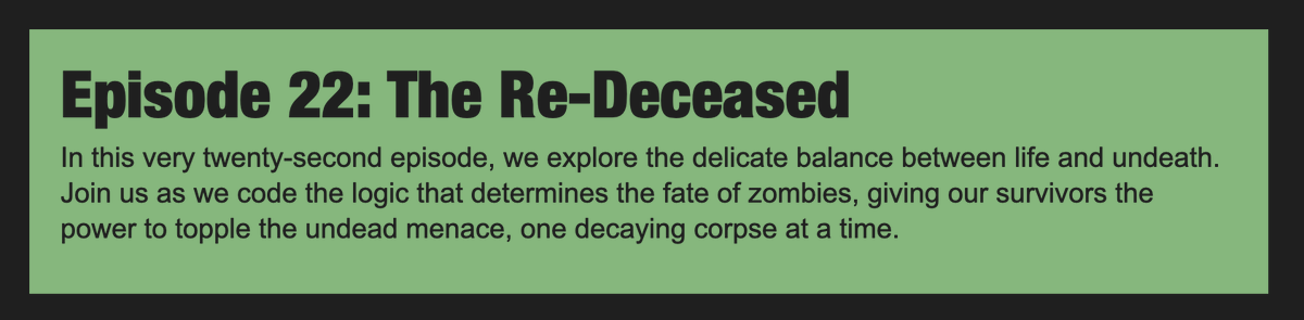 Are zombies killed or murdered? Discover the answer to this and more, as we code our way towards a zombie dice game with #Clojure and #ClojureScript. parens-of-the-dead.com/s2e22.html