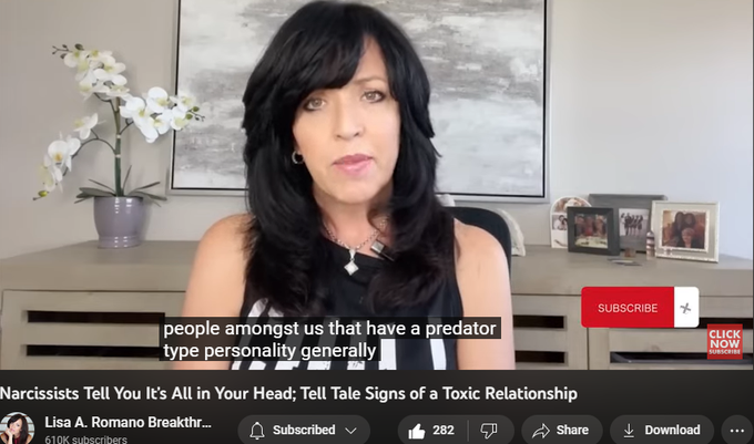 Narcissists Tell You It’s All in Your Head; Tell Tale Signs of a Toxic Relationship
https://www.youtube.com/watch?v=J3uosuEg17A
2,780 views  7 Apr 2023  5 Mind Games Narcissists Love to Play
https://www.lisaaromano.com FREE Quiz
https://adbl.co/2Q484CV Listen for FREE
https://www.lisaaromano.com/your-vide... FREE Presentation 

In this week's episode, we're diving deep into the world of toxic relationships and discussing the telltale signs of a narcissistic partner. Narcissists are experts at gaslighting their partners, often saying things like "It's all in your head" or "You're being too sensitive." But we're here to tell you that it's not in your head, and that you deserve to be treated with love and respect.

We'll be sharing stories from real people who have been in toxic relationships, discussing red flags to watch out for, and giving practical advice on how to safely leave a toxic situation. We'll also talk about healing and what steps you can take to reclaim your life after a na