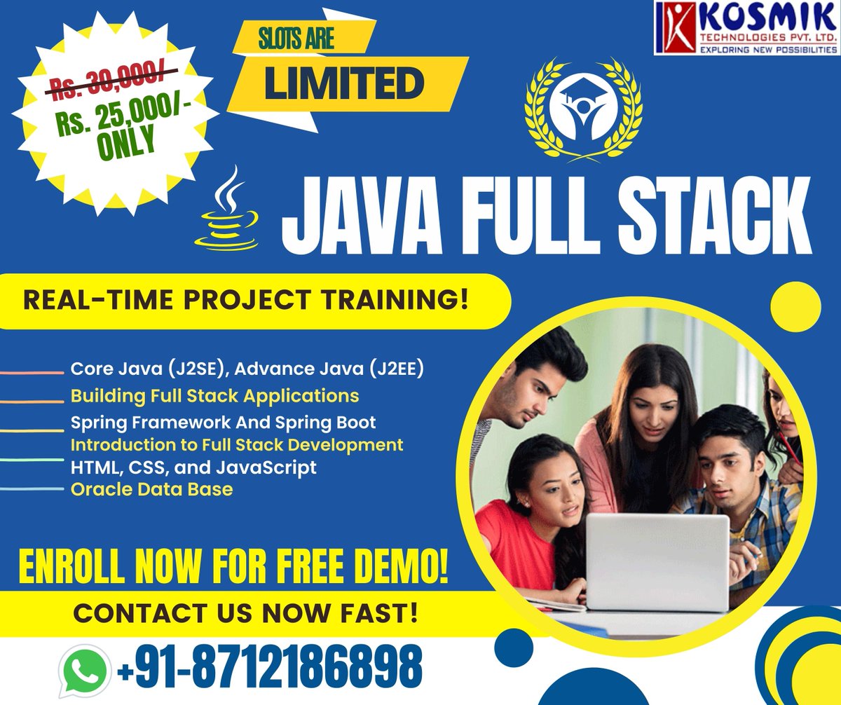 Kosmikteck's tweet image. JAVA Full stack training in Hyderabad
Register for a free demo: bit.ly/2KKDgEO
Phone no: 8712186898
#javafullstack #JAVAFullstackonlinetraining #javaprogramming #javascriptdeveloper #JAVAOnlineTraining #Bestjavatraining
#JAVAFullstacktraininginhyderabad
