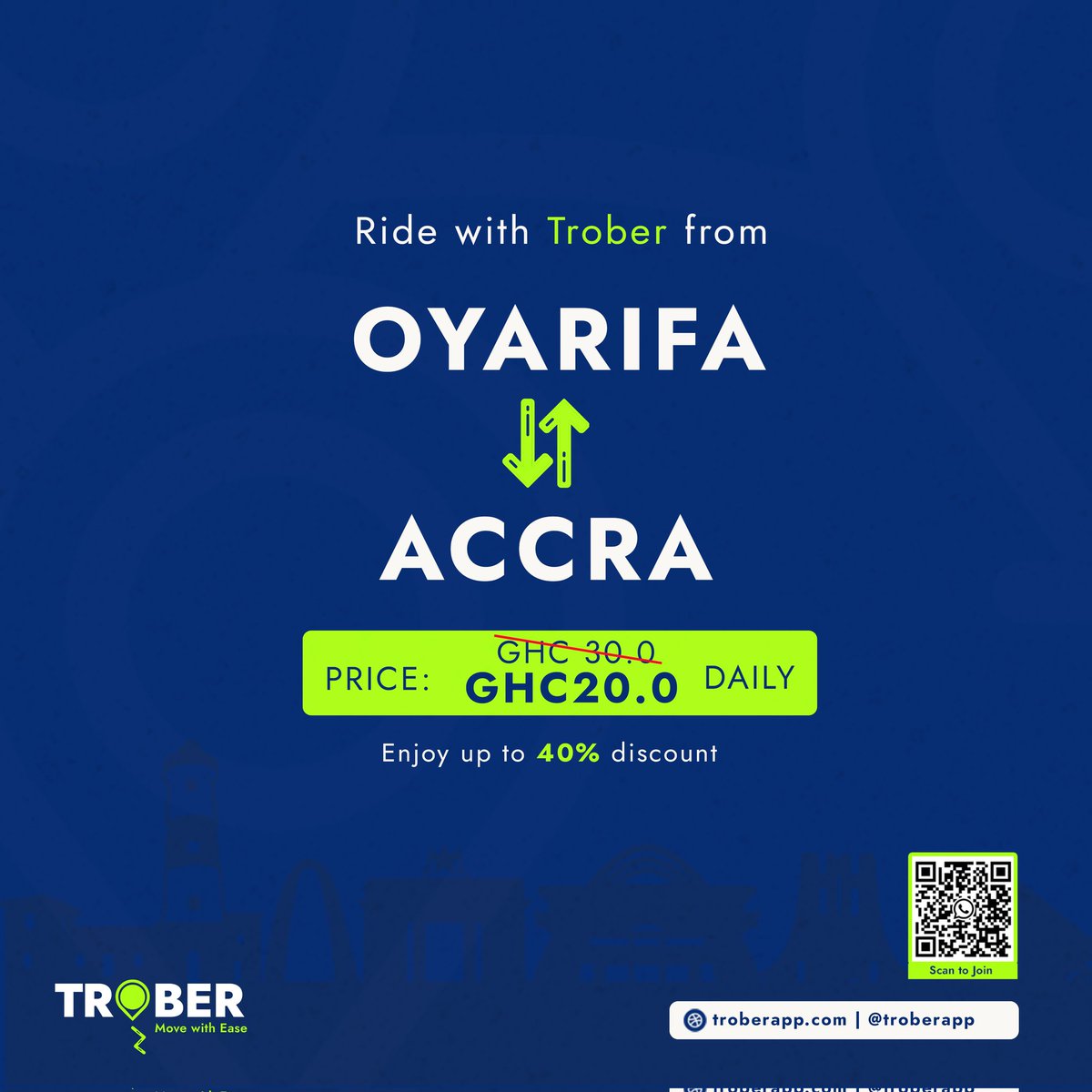 troberapp's tweet photo. #Oyarifa and #Adenta residents, get up to 40% off on your Trober ride! Book a ride now and save big.

https://t.co/9QnOzkxASe 

#trober
#discountedrides
#oyarifatoaccra
#ridesharing https://t.co/4GhPOeeWKd