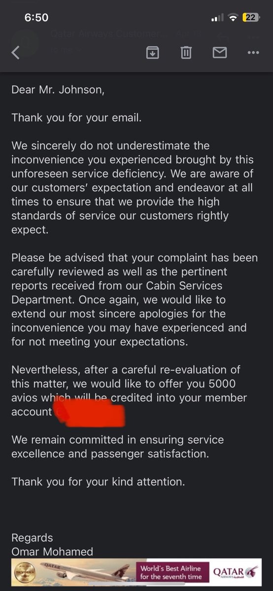 JeremiJohnson2's tweet photo. @qatarairways @qatarairways is a criminal organization. I flew QSUITES and the seat didn’t work. So I had to sit up in a lay flat bed. Their response was give me $50 USD in avíos points. They won’t do anything but I want everyone to see who they are. #SCAM https://t.co/sTeIgDODLA