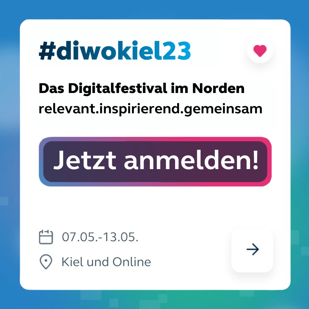 🙌 Das #diwokiel23-Programm ist da!
Ab sofort könnt Ihr Euch zu den Events anmelden.

Zum Programm:
🌐 digitalewochekiel.de/programm

Meldet Euch schnell an. Die Plätze sind begrenzt!

#digitalfestival #kiel #digitalisierung #diwokiel23 💙