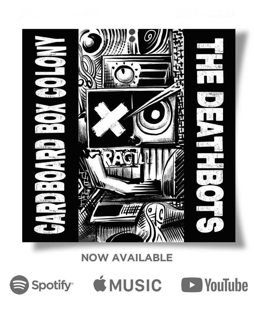 CardBoxColony's tweet image. Our Split EP with The Deathbots is now available on your favorite streaming / music service. Limited edition white square 7” records are also available on Bandcamp &amp;amp; at our release show tomorrow at Fleetwood&apos;s!