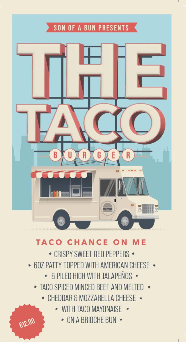 Introducing The Taco burger.
Crispy sweet red peppers, 6oz patty topped with American cheese, piled high with Jalapeños, 
Taco spiced minced beef and melted cheddar &amp; mozzarella cheese with Taco mayo
Brioche bun. Out Monday…Taco chance on us and try this beauty 🙌 #burger #cork