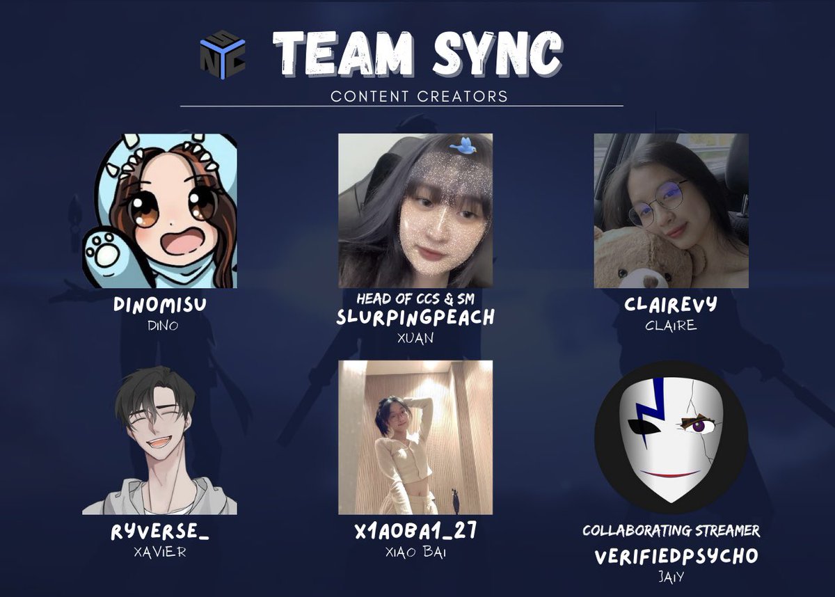 Introducing our dearest CCs to the Team🩵 

Let's welcome : 
@slurpingpeach ( Head of CCs & Social Media ) 
@Ryverse_
@dinomisuu 
@x1aoba1_27 
@clairevyyy
@VeriPsycho ( Collaborative Streamer )

Check out their socials & support them 👁️👅👁️
#SyncSupremacy #LeTSyncCook