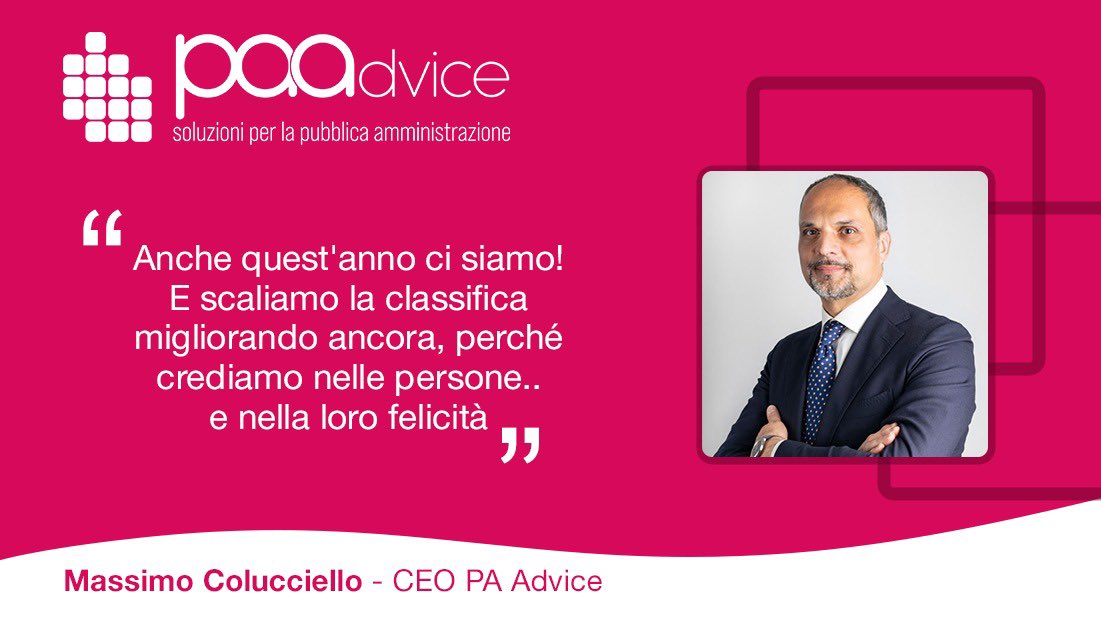 È arrivata la classifica di <a href="/GPTWItalia/">GPTW Italia</a> e <a href="/paadvice/">PA Advice</a> non solo si riconferma, ma migliora rispetto all'anno scorso 👉 lnkd.in/e-v3dEkc
<a href="/mcolucciello/">massimo colucciello</a>