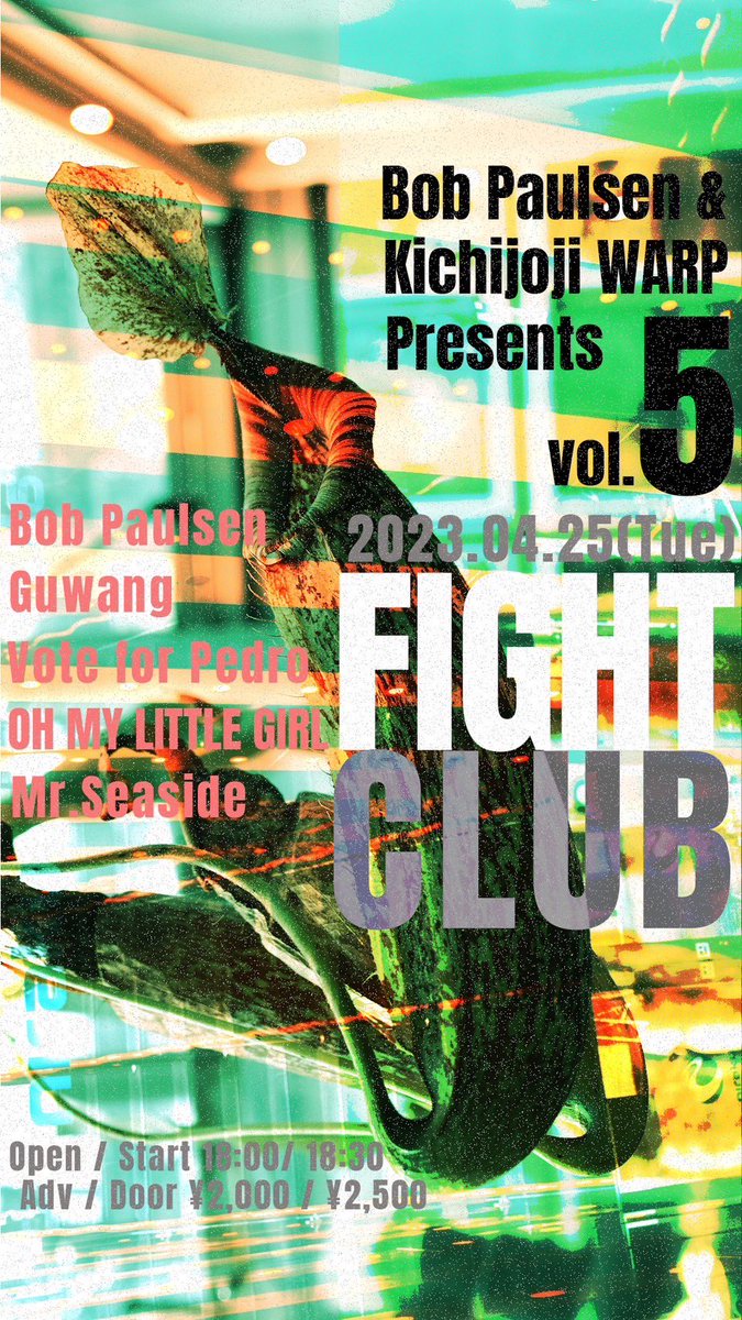 🔥🔥🔥最終解禁🔥🔥🔥

2023.04.25(火) 吉祥寺WARP
Bob Paulsen × 吉祥寺WARP pre.
「Fight Club 5」

w/
Guwang
Vote for Pedro
OH MY LITTLE GIRL
🆕Mr.Seaside

open/start 18:00/18:30
adv/door ¥2,000/¥2,500

ご予約は
bobpaulsen1340@gmail.com
まで🦮
