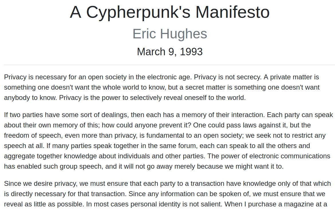 decentralized_b's tweet image. Since it may be confusing to someone who doesn&apos;t know, and it would appear to be a quote from Max Hillebrand, no, it&apos;s not, it&apos;s from Eric Hughes 
March 9, 1993

nakamotoinstitute.org/cypherpunk-man…