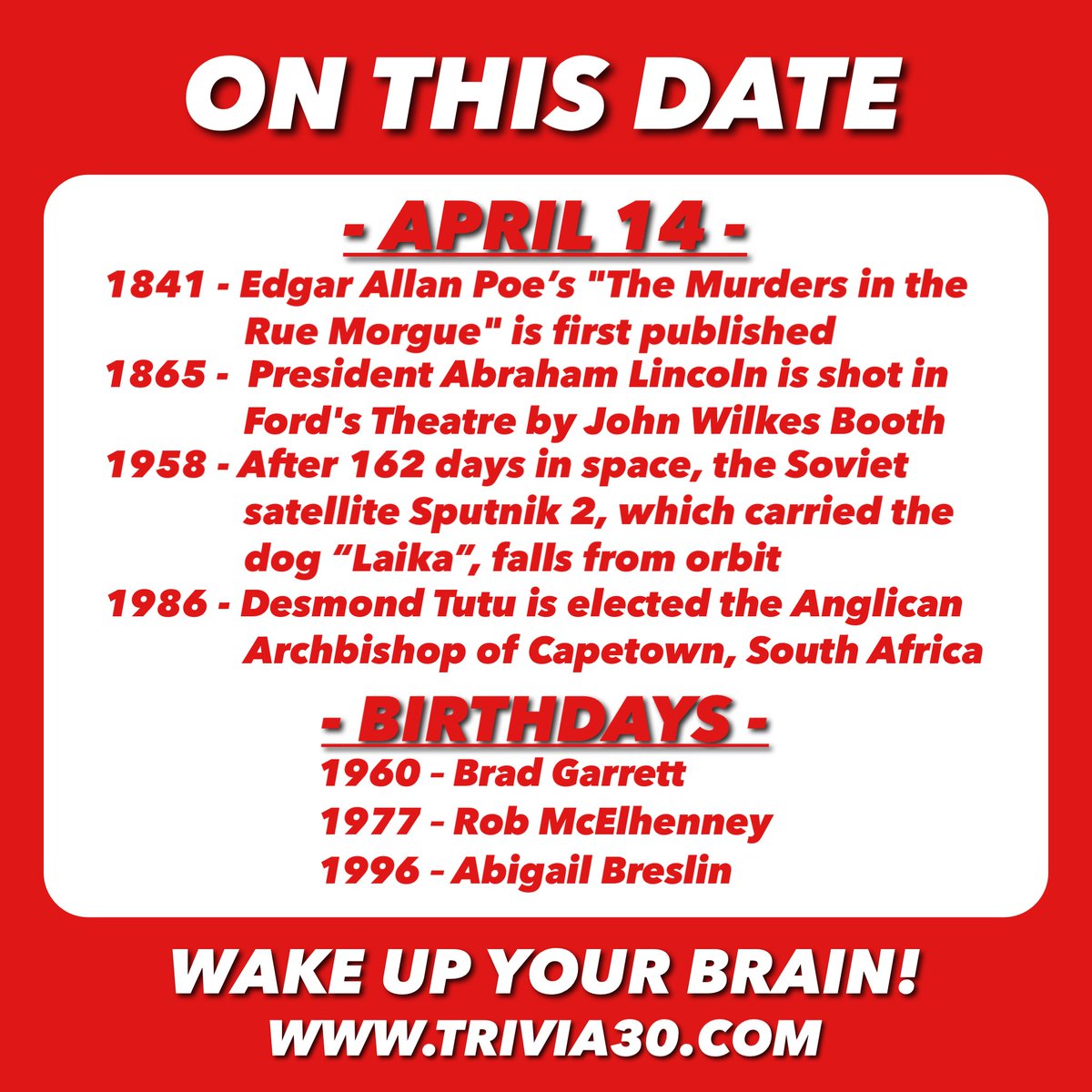 Your OTD trivia for 4/14... Have a great Friday everyone! #trivia30 #wakeupyourbrain #EdgarAllanPoe #ABRAHAMLINCOLN #Sputnik #Laika #DesmondTutu #SouthAfrica #BradGarrett #RobMcElhenney #AlwaysSunny #AbigailBreslin