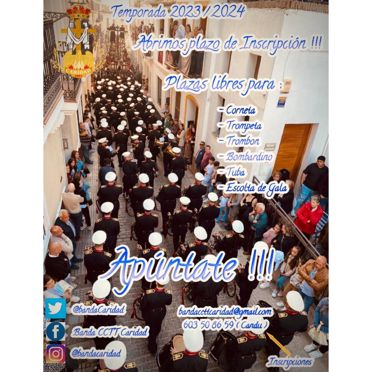 bandaCaridad's tweet photo. ¡Apuntate! 

Abrimos plazo de inscripcion de NUEVOS COMPONENTES. 
Algun familiar, amigo, conocido que quiera formar parte de nuestra formacion, ¡AHORA ES EL MOMENTO!

-Enseñanza de Solfeo Basico
-Enseñanza de Instrumento
-Sin cuotas… ¡GRATIS!

#Caridad2024 https://t.co/HK5lQTGnq8