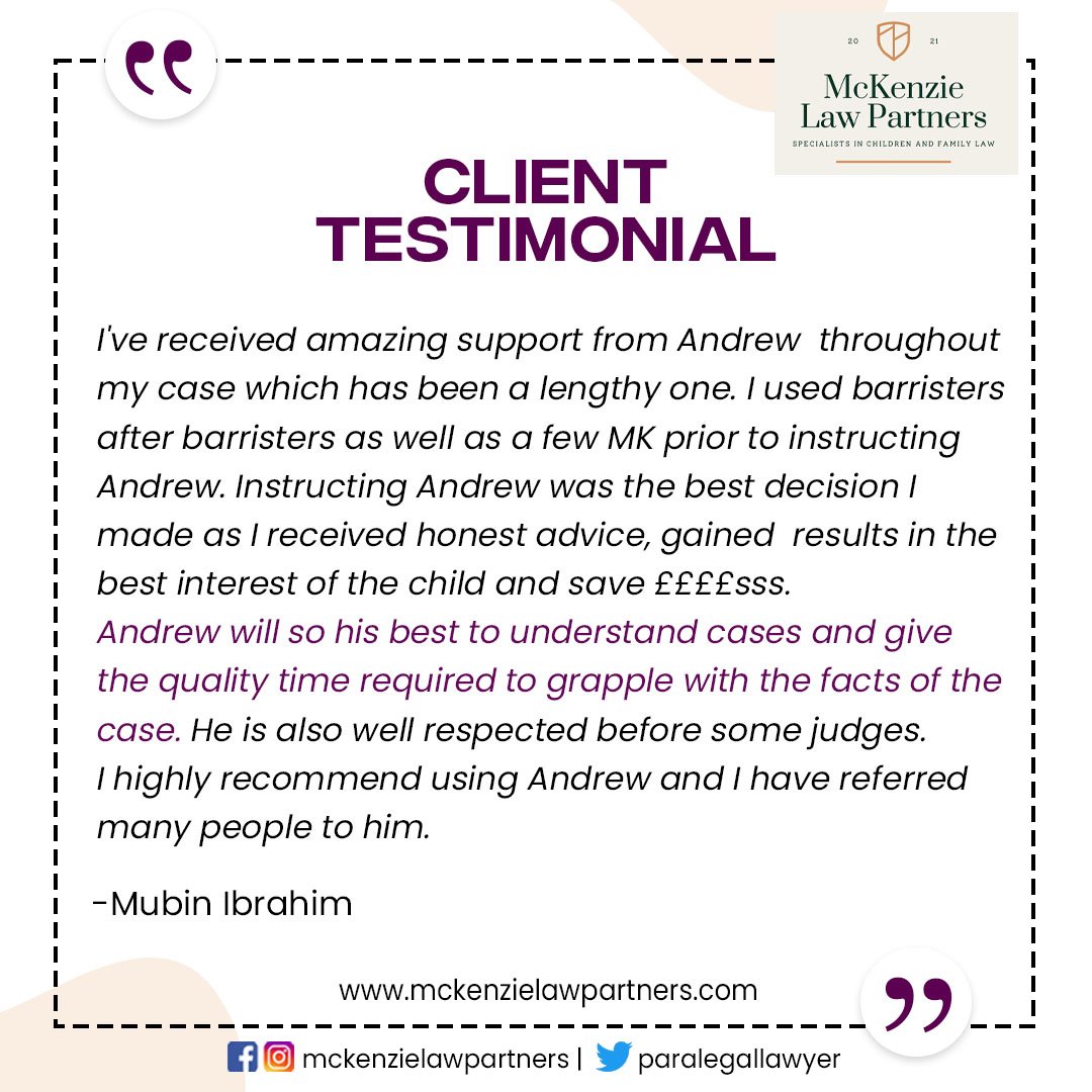 Thank you, Mubin for such lovely words of appreciation. 

We are here to help our clients in the best possible way.

#MckenzieLawPartners #paralegaladvocates

#FamilyLawSpecialist #ChildLawSpecialist #ParalegalServices
