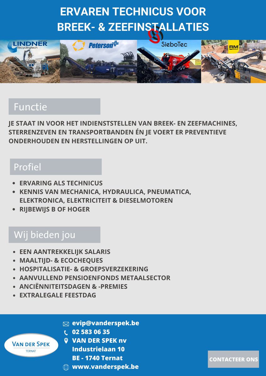 We are looking for a technician to perform maintenance and repairs on crushers and screens.
Do you think that this job can be something for you? Do not hesitate to apply for this position via our website. See you soon!
#vacature #recycling #materialhandling