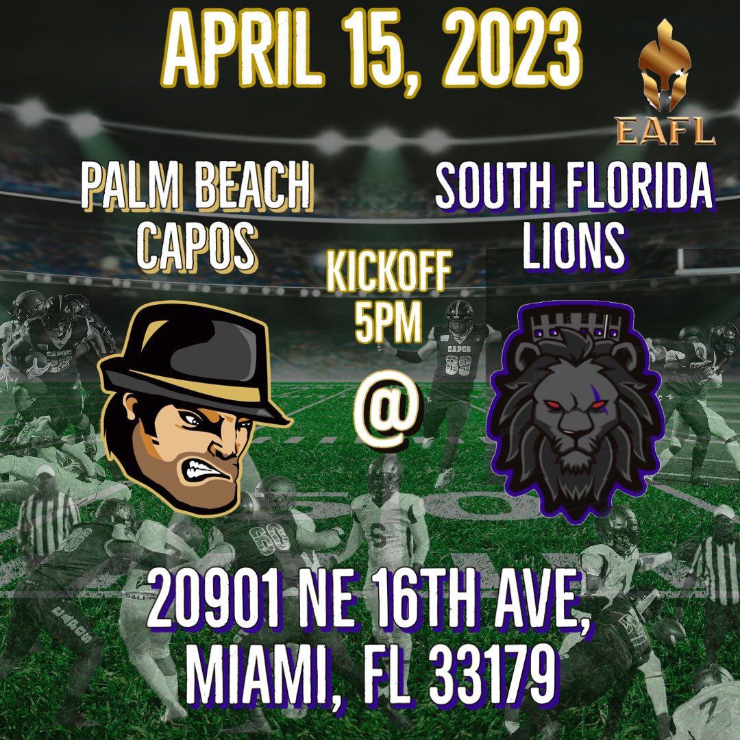 PalmBeachCapos's tweet photo. Catch the Capos down in Miami tomorrow down in Miami against the South Florida Lions. https://t.co/56ouiOrvlq