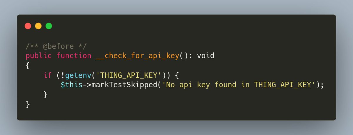 davedevelopment's tweet image. Oldie but a goodie, use a PHPUnit before hook to skip tests when you don't have what you need. 
Works with setUp as well, but hooks are a little more flexible, can be pulled out to traits etc.
