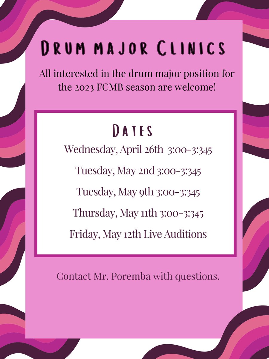 It’s that time of year! Come to our drum major clinics if you’re interested in the position!