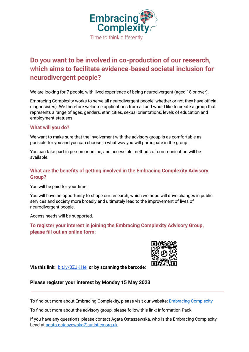 Do you identify as neurodivergent and want to be involved in co-production of our research, which is about societal inclusion for neurodivergent people? 

We are looking for 7 neurodivergent people (aged 18 or over) to join our advisory group.
