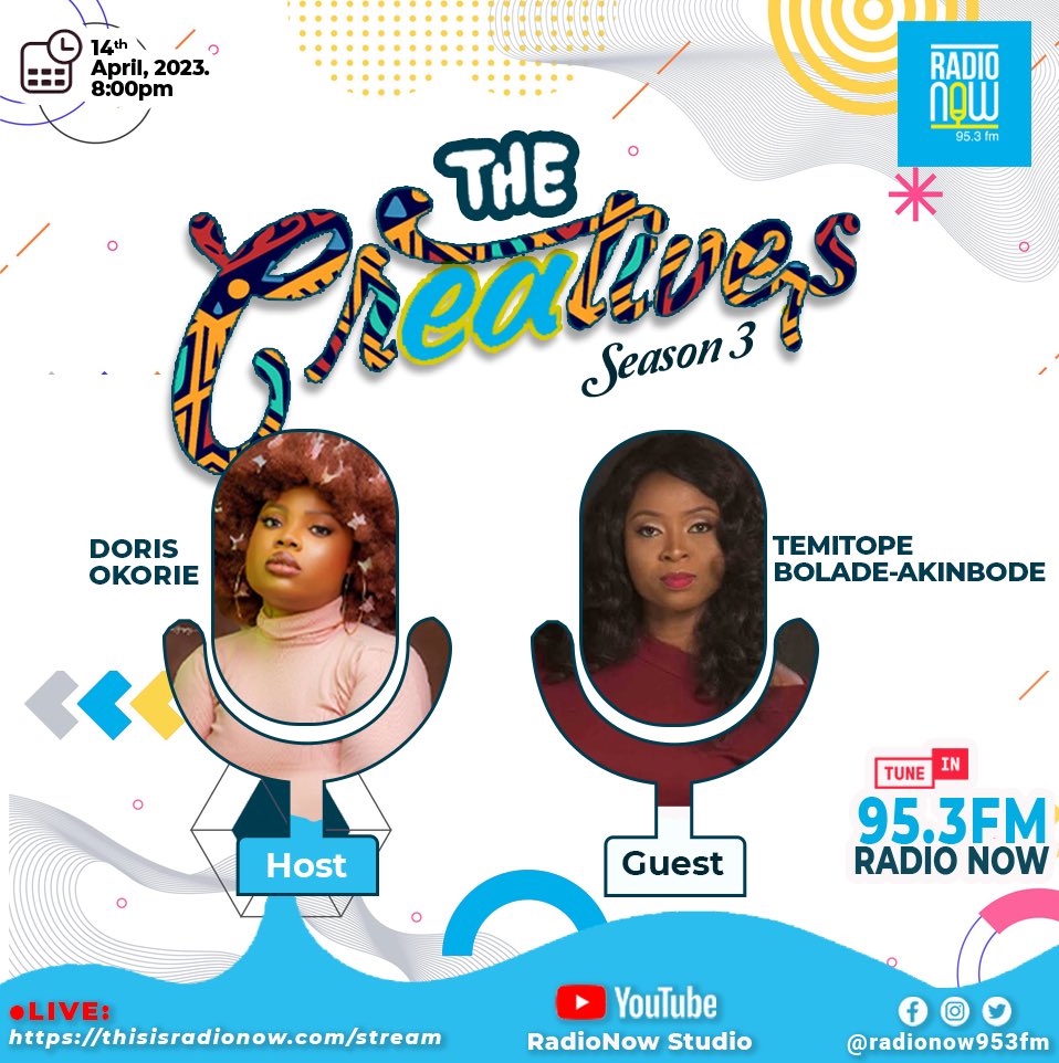 RadioNow953FM's tweet photo. Today, The Creatives will feature Nigerian screenwriter @tbakinbode as the second guest of Season 3! 

📻Tune in to 95.3fm at 8pm or Watch/Listen Live: https://t.co/kzriHFjfwK

#radionow953fm #TheCreatives #thecreatives953 #nigeria #trending #creativity #film #screenwriter https://t.co/4XNHT4wBxi