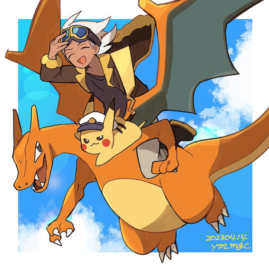 pikachu riding pokemon pokemon (creature) riding 1boy male focus open mouth smile  illustration images