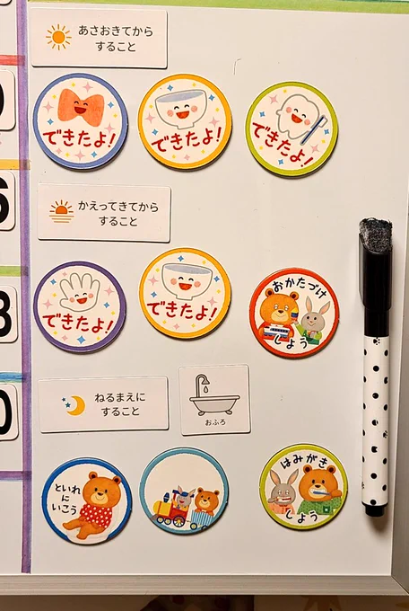 クリアしたらマグネットを裏返して
「できたよ!」
になるのがとても良い。
日々自己肯定感を上げていく。 