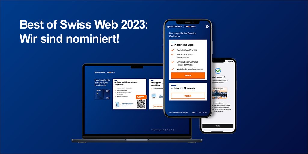 Best of Swiss Web 2023: Wir sind nominiert! Zusammen mit den Agenturen <a href="/BlueGlassZRH/">BlueGlass Zürich</a> und @Ergonomen sowie der @MigrosBank sind wir für das Digital Onboarding der Cumulus Kreditkarte zum Master Award nominiert. #digitalonboarding #oneapp #bosw2023