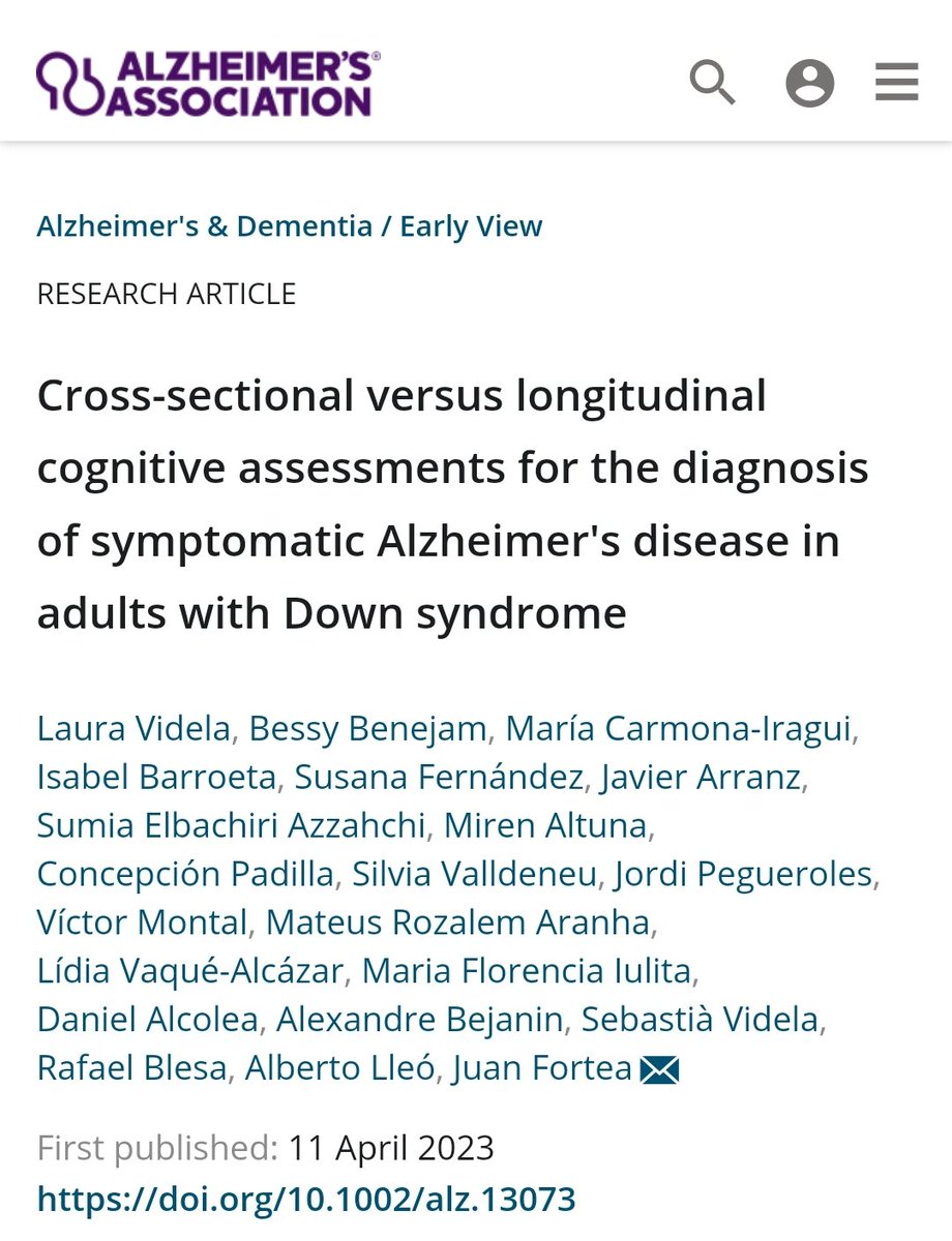 📢Check out our latest publication! In a cohort of 562 adults with Down syndrome, we demonstrate that neuropsychological assessments at a single time point have good diagnostic performance of Alzheimer's disease even in the early stages of the disease (prodromal phase)👇(1/3)