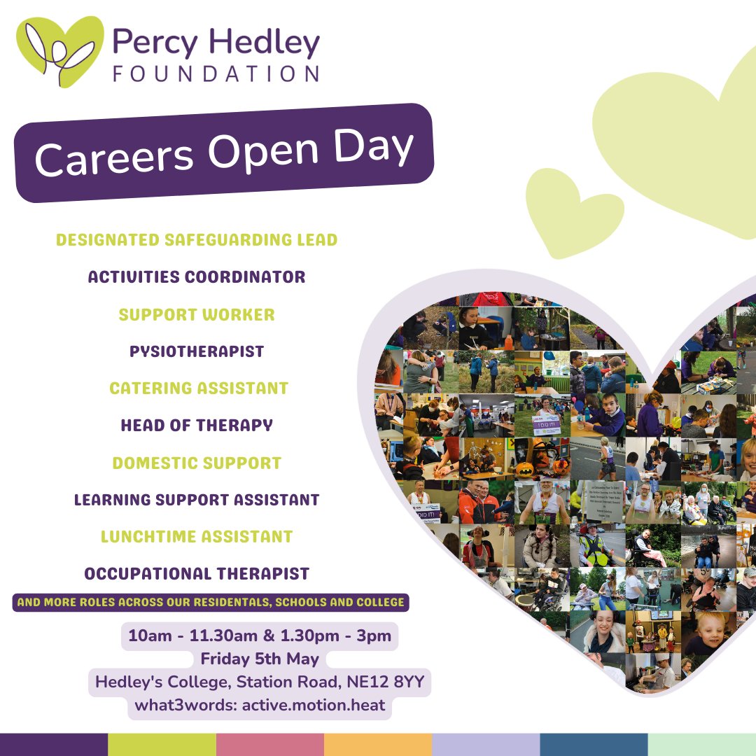 percyhedley's tweet photo. Come along to our Hedley's College site for our Careers Open Day on Friday 5th May 2023. You can meet some of our current team, tour the facilities and discuss current roles, including care, education, therapy &amp; more.

Sign up: https://t.co/F4MI0b29G7 https://t.co/taPAaTUk54