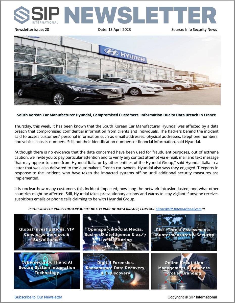 SIP_1983's tweet photo. https://t.co/EWRep49fua

SIP Newsletter Issue #20

"South Korean Car Manufacturer Hyundai, Compromised Customers' Information Due to Data Breach In France"

#data #france #databreach #italy #hyundaicars #hyundai #securityawareness #secureyourdata https://t.co/csxZRb2Kea