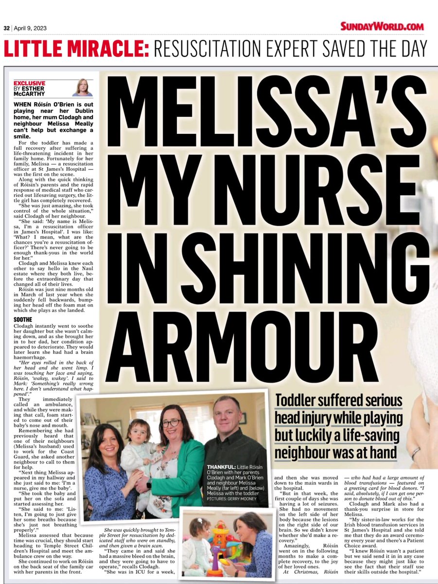 dodibee78's tweet photo. Thank you to the wonderful @Esthermccarthy who told our Róisíns story last weekend in the @sundayworld #giveblood #cpr #cprsaveslives https://t.co/HqNq6JgM1i