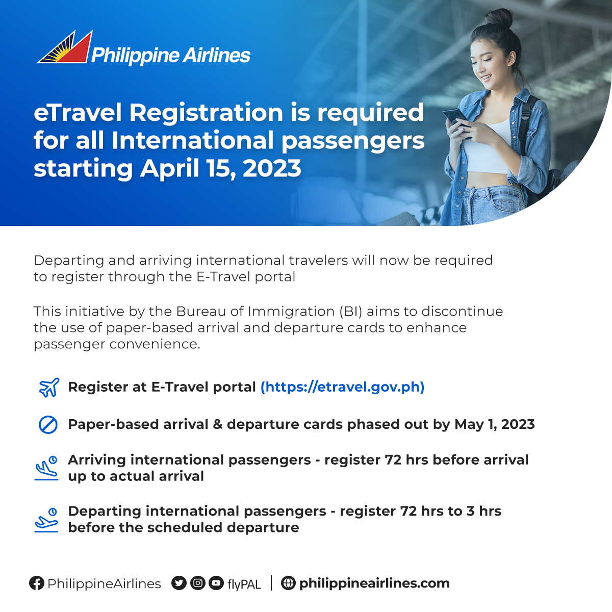 Starting April 15, 2023, departing and arriving international travelers will now be required to register through the E-Travel portal (etravel.gov.ph). #DiscoverNew #PALat82