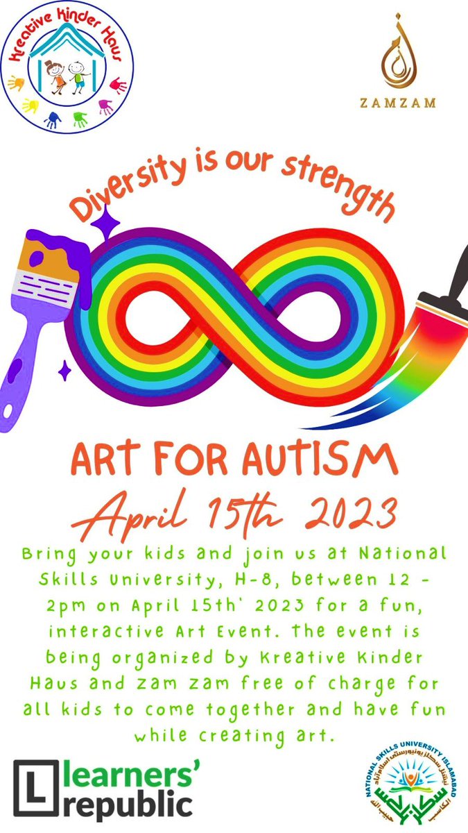 sab33nkkh's tweet image. Looking forward to welcoming kids tomorrow at our “Art For Autism” Event. Bring your kids, so together we can have fun creating magic with colours 🎨 🖍️ 

#kreativekinderhaus 
#artforautism 
#autismawareness 
#autisminpakistan