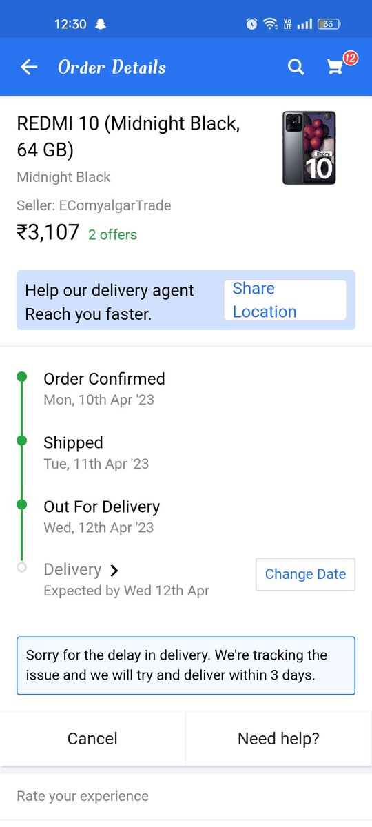 I ordered from @Flipkart on 10thApril expected delivery date was 12thapril,product was out for delivery but i didn't receive any call from delivery boy i called him he didn't respond again on 13thApril i tried calling him he gave another person number and they are giving excuses