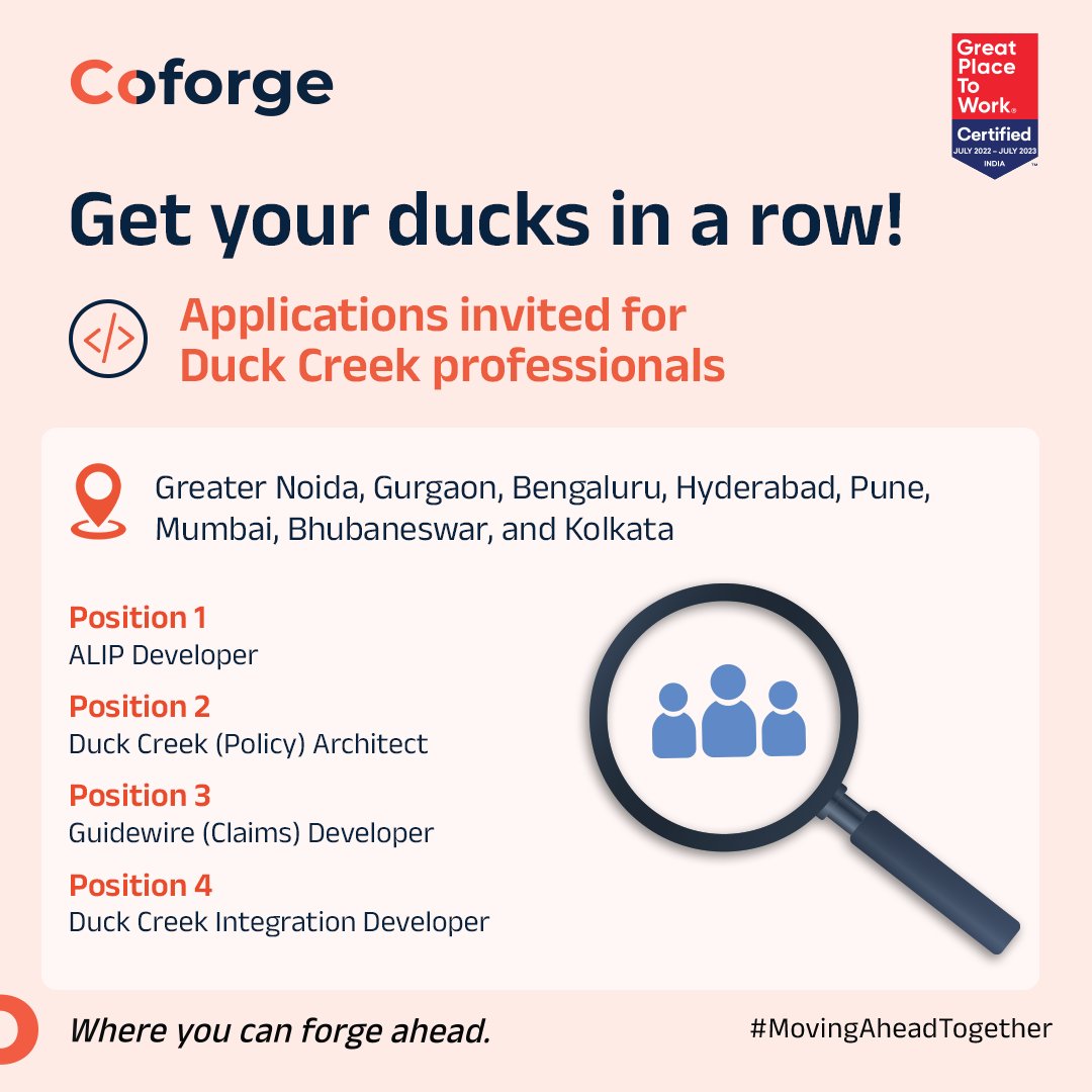Coforge_Tech's tweet photo. If you have Duck Creek experience, then we are looking for you. Apply now   

https://t.co/2agrBUNRVL
https://t.co/rah92WO649
https://t.co/3WkKY7BC8Z
https://t.co/nJNSpgrv9m

#EngageWithTheEmerging #MovingAheadTogether #JobOpportunities #ITJobs #DuckCreek #Insurance https://t.co/vwpHQ4lhMJ