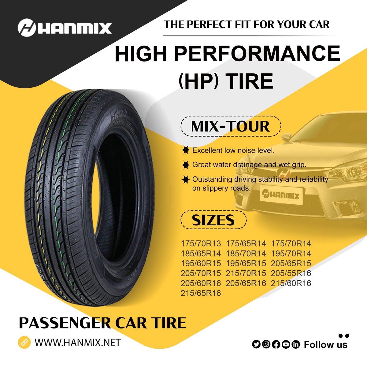 HANMIX PRODUCTS: Passenger Car Tire（HP）
Available Sizes:
✅175/70R13, 175/65R14, 175/70R14
✅185/65R14, 185/70R14, 195/70R14
✅195/60R15, 195/65R15, 205/65R15  
✅205/70R15, 215/70R15, 205/55R16  
✅205/60R16, 205/65R16, 215/60R16  
✅215/65R16
#HANMIX #TIRE #PCR #Car #cartires