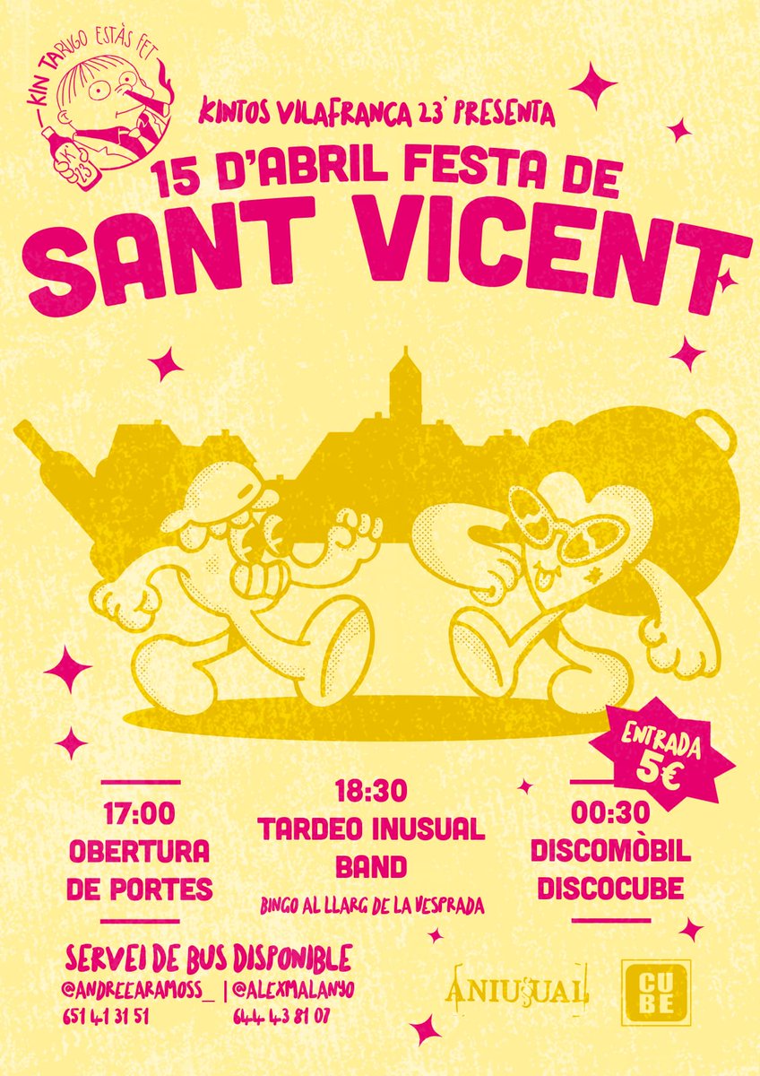AjVilafranca's tweet photo. 🎉 #Kintos #Vilafranca 2023 
El proper dissabte 15 d'abril tindra lloc la coneguda festa de #SantVicent a càrrec de la kinta Kin tarugo estàs fet.😉 
Esteu tots convidats a gaudir amb ells d'aquesta data‼️🍻 https://t.co/l7QuQrXSjg