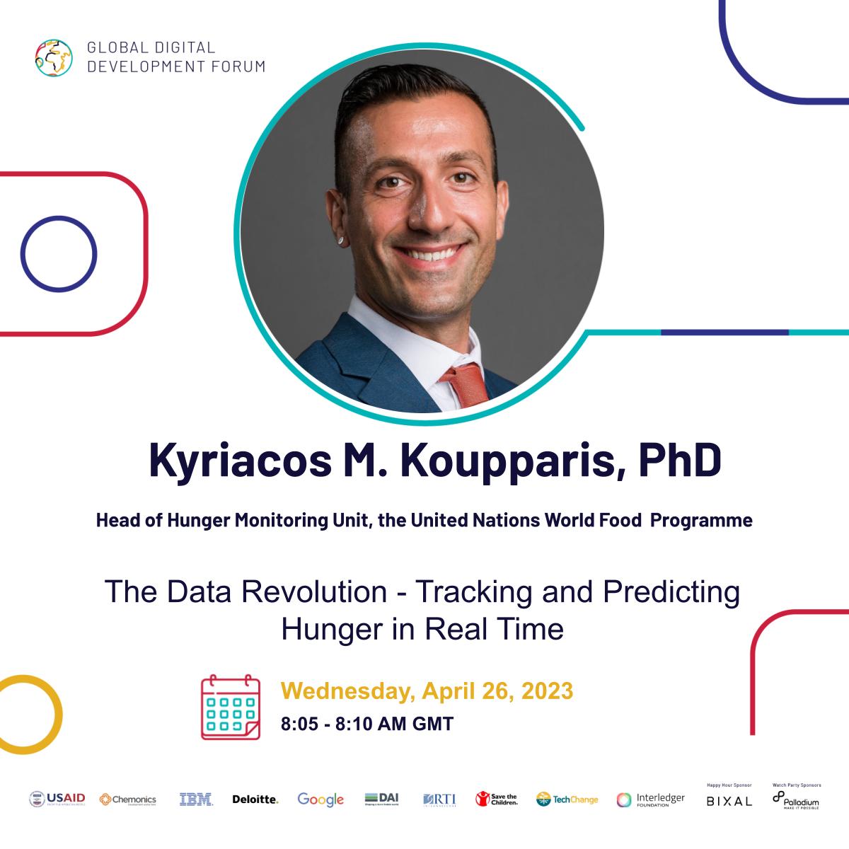 📈How can we use data to fight hunger in a more efficient and effective way? Join <a href="/WFP/">World Food Programme</a>'s lightning talk at the #GDDF2023 on April 26 at 8:05 AM GMT to hear from Kyriacos Koupparis, PhD on the topic of Tracking and Predicting Hunger in Real Time.  #ZeroHunger #innovation